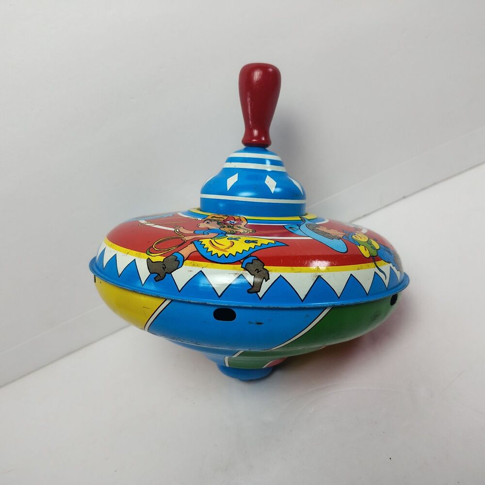 Vintage Ohio Art Co Tin Metal Pull N Spin Top Toy Western Horse Pony Themed